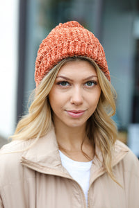 Knit Velvet Chenille Fold Over Beanie in Rust