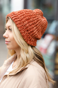 Knit Velvet Chenille Fold Over Beanie in Rust