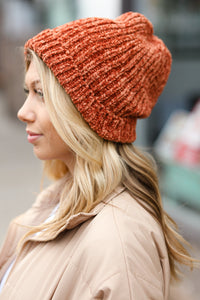 Knit Velvet Chenille Fold Over Beanie in Rust