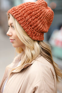 Knit Velvet Chenille Fold Over Beanie in Rust