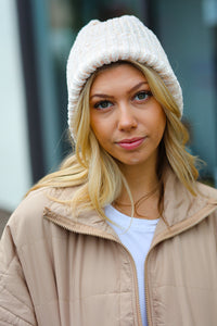 Knit Velvet Chenille Fold Over Beanie in Cream