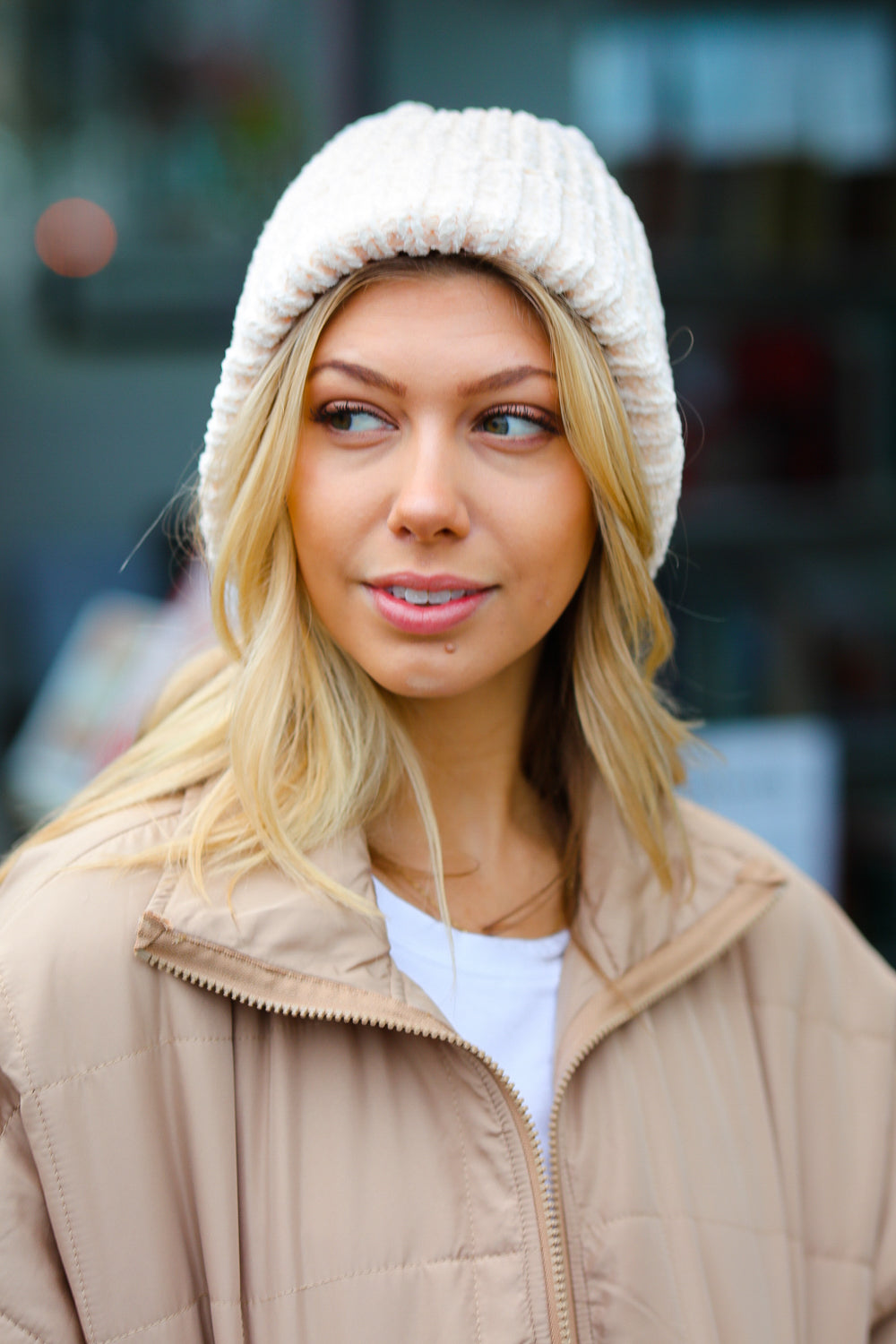 Knit Velvet Chenille Fold Over Beanie in Cream