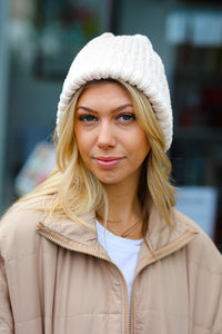 Knit Velvet Chenille Fold Over Beanie in Cream