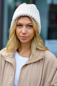 Knit Velvet Chenille Fold Over Beanie in Cream