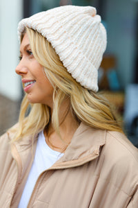 Knit Velvet Chenille Fold Over Beanie in Cream