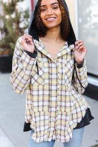 Casual Living Taupe & Yellow Plaid Two Fer Shacket Hoodie