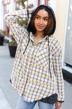 Load image into Gallery viewer, Casual Living Taupe &amp; Yellow Plaid Two Fer Shacket Hoodie
