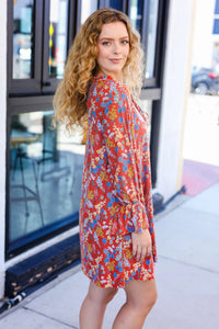 Under Your Spell Rust Floral Tie Front Elastic Bell Sleeve Dress