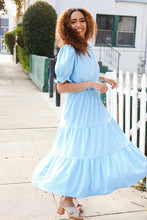 Load image into Gallery viewer, Follow Me Aqua Frill Notch Neck Shirred Waist Tiered Maxi Dress
