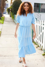 Load image into Gallery viewer, Follow Me Aqua Frill Notch Neck Shirred Waist Tiered Maxi Dress
