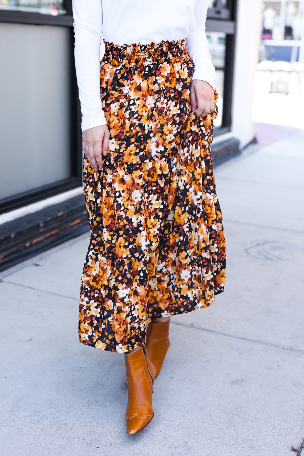 Casual Living Floral Tiered Smocked Waist Midi Skirt in Black