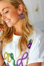 Load image into Gallery viewer, Mardi Gras Sequin &amp; Beaded Crown Dangle Earrings
