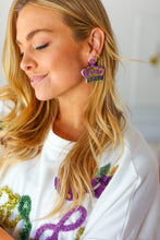 Load image into Gallery viewer, Mardi Gras Sequin &amp; Beaded Crown Dangle Earrings
