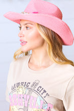 Load image into Gallery viewer, Pink Straw Boho Braided Tassel/Shell Strap Fedora
