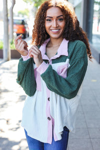 Pretty In Pink & Olive Color Block Button Down Ribbed Shacket