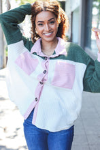 Load image into Gallery viewer, Pretty In Pink &amp; Olive Color Block Button Down Ribbed Shacket
