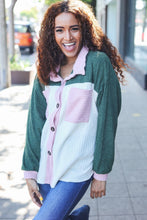 Load image into Gallery viewer, Pretty In Pink &amp; Olive Color Block Button Down Ribbed Shacket
