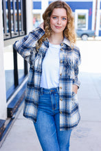 Load image into Gallery viewer, Boldly You Navy Plaid Fringe Button Down Shacket
