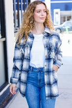 Load image into Gallery viewer, Boldly You Navy Plaid Fringe Button Down Shacket
