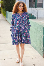 Load image into Gallery viewer, Feeling Joyful Bow Tie Babydoll Long Ruffle Sleeve Dress in Navy Floral
