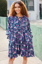 Load image into Gallery viewer, Feeling Joyful Bow Tie Babydoll Long Ruffle Sleeve Dress in Navy Floral
