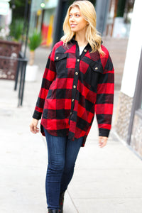 Snowy Peaks Holiday Red Flannel Plaid Button Down Shacket