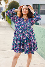 Load image into Gallery viewer, Feeling Joyful Bow Tie Babydoll Long Ruffle Sleeve Dress in Navy Floral
