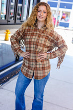 Load image into Gallery viewer, Boldly You Taupe &amp; Rust Flannel Plaid Fringe Jacket
