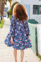 Load image into Gallery viewer, Feeling Joyful Bow Tie Babydoll Long Ruffle Sleeve Dress in Navy Floral
