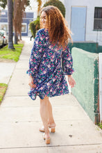 Load image into Gallery viewer, Feeling Joyful Bow Tie Babydoll Long Ruffle Sleeve Dress in Navy Floral

