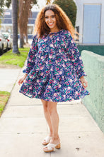 Load image into Gallery viewer, Feeling Joyful Bow Tie Babydoll Long Ruffle Sleeve Dress in Navy Floral
