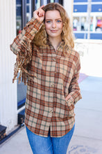 Load image into Gallery viewer, Boldly You Taupe &amp; Rust Flannel Plaid Fringe Jacket
