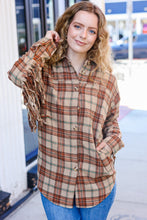 Load image into Gallery viewer, Boldly You Taupe &amp; Rust Flannel Plaid Fringe Jacket
