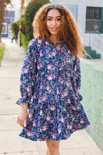 Load image into Gallery viewer, Feeling Joyful Bow Tie Babydoll Long Ruffle Sleeve Dress in Navy Floral
