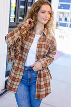 Load image into Gallery viewer, Boldly You Taupe &amp; Rust Flannel Plaid Fringe Jacket
