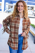 Load image into Gallery viewer, Boldly You Taupe &amp; Rust Flannel Plaid Fringe Jacket
