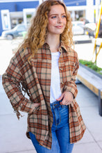 Load image into Gallery viewer, Boldly You Taupe &amp; Rust Flannel Plaid Fringe Jacket
