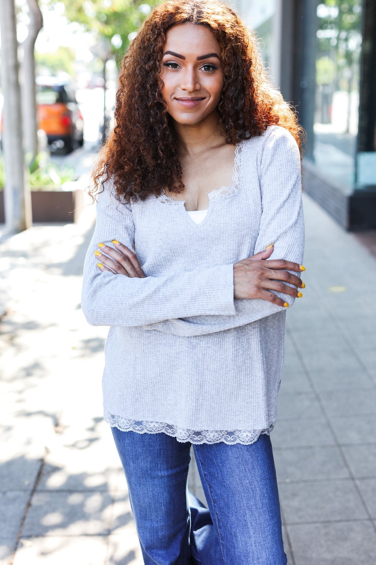 Feels Like Love Grey Lace Trim Rib Long Sleeve Top