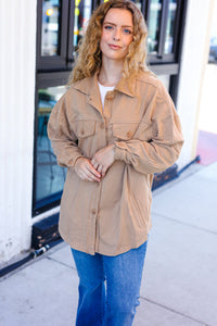 Weekend Ready Camel Terry Oversized Shirt Shacket