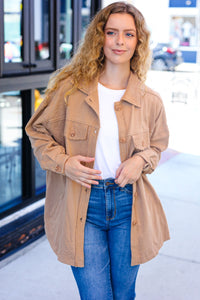 Weekend Ready Camel Terry Oversized Shirt Shacket