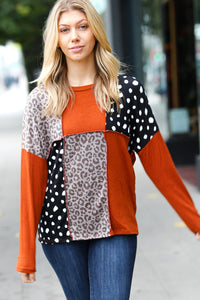 Forever Special Rust & Black Cashmere Feel Leopard Patch Work Dolman Top