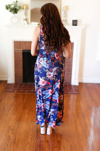 Floral Fit and Flare Sleeveless Maxi Dress in Navy
