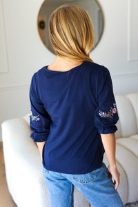 Keep You Close Floral Embroidery Square Neck Blouse in Navy