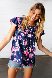 Blooming Frills Floral Print Frilled Short Sleeve Yoke Top in Navy & Pink
