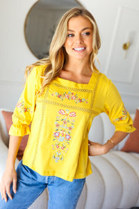 Keep You Close Floral Embroidery Square Neck Blouse in Yellow