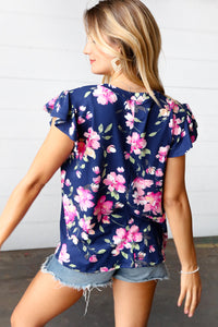 Blooming Frills Floral Print Frilled Short Sleeve Yoke Top in Navy & Pink