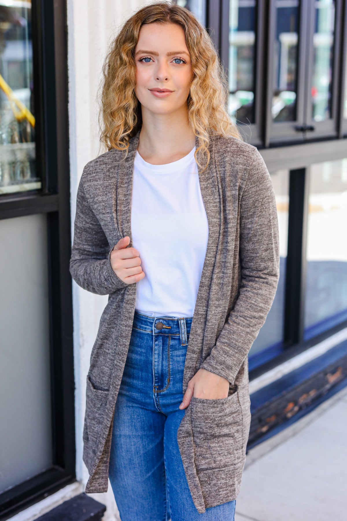 Lovely In Ash Brown Two Tone Hacci Open Cardigan