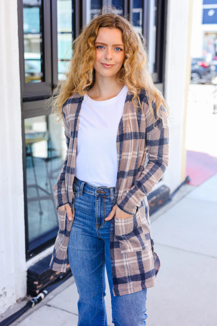 Casual Living Taupe & Charcoal Plaid Hacci Open Cardigan