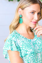 Load image into Gallery viewer, Crochet Carved Disc Dangle Earrings in Teal
