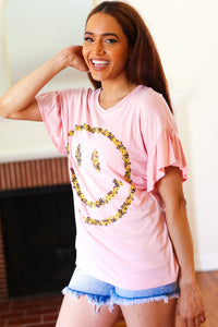 Live For Today Floral Smiley Face Flutter Sleeve Tee in Pink
